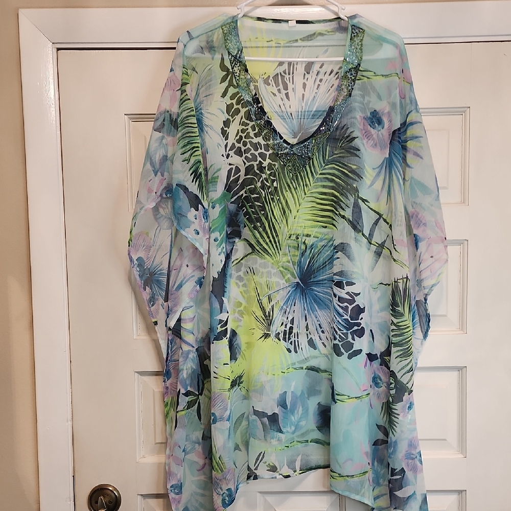 CAFTAN Vneck Beaded TUNIC SHEER TROPICAL PALM FLORAL GREEN BLUE FLOWING OS